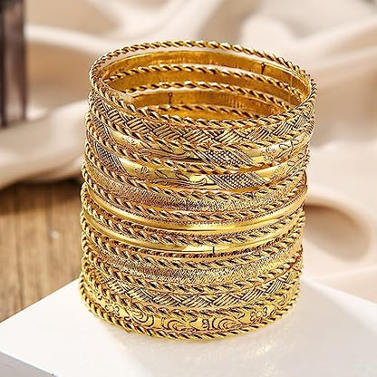 Gold and Silver Bangle Bracelet Sets - Multi-Layer Stackable Textured Bangles