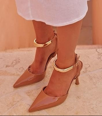 Elegant Gold Ankle Cuff Strap Patent Leather Pointed Toe Stiletto High Heels - Free Shipping