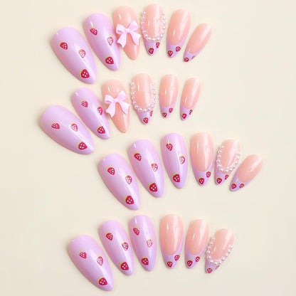 24PC Almond Glossy Press-On Nails - Medium Length, 3D Designs-Free Shipping