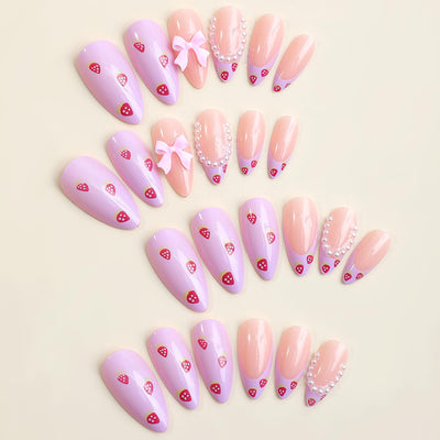 24PC Almond Glossy Press-On Nails - Medium Length, 3D Designs-Free Shipping