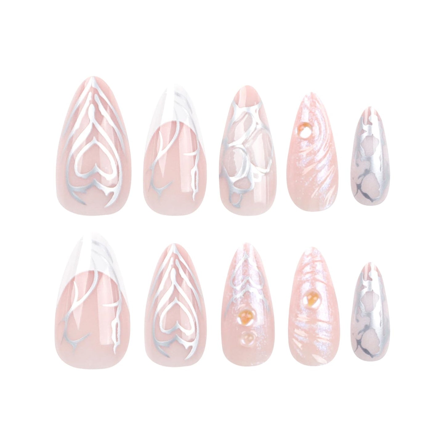 24PC Almond Glossy Press-On Nails - Medium Length, 3D Designs-Free Shipping