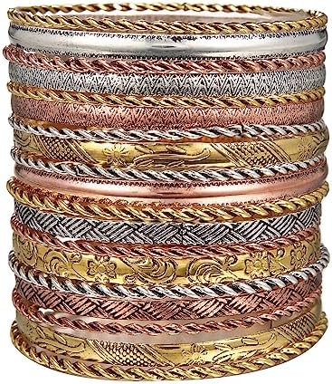 Gold and Silver Bangle Bracelet Sets - Multi-Layer Stackable Textured Bangles