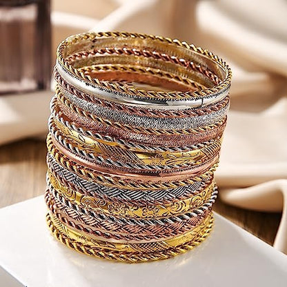 Gold and Silver Bangle Bracelet Sets - Multi-Layer Stackable Textured Bangles