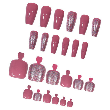 Stylish Pink Press-On Nail Set for Fingers and Toes, Shimmer and Glossy Finish-Free Shipping