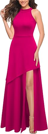 Chic Halter Hi-Lo Slit Fit and Flare Maxi Dress-Free Shipping