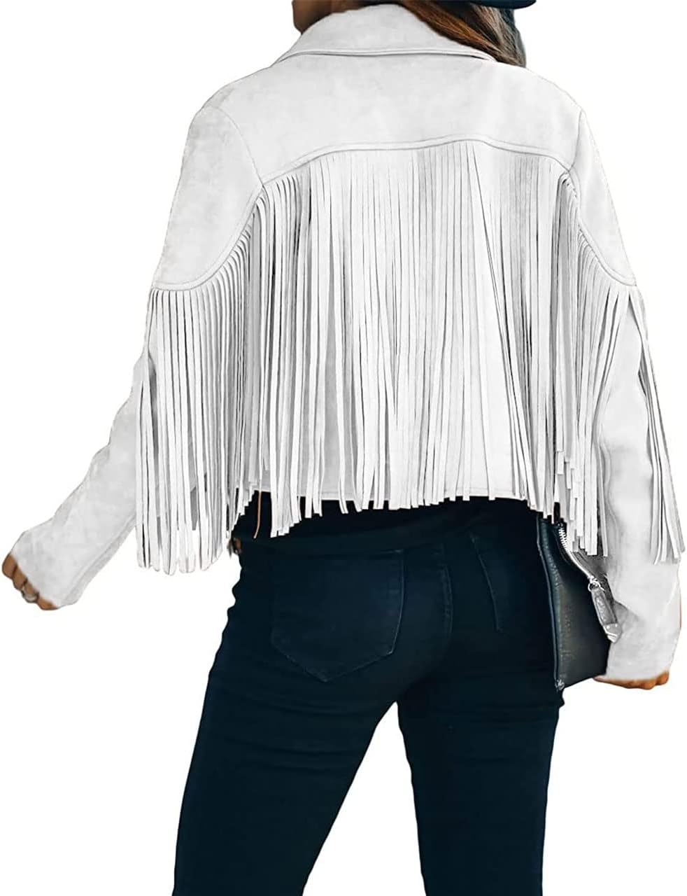 Trendy White Women’s Leather Boyfriend Cropped Jacket with Tassels Edgy and Trendy-Free Shipping