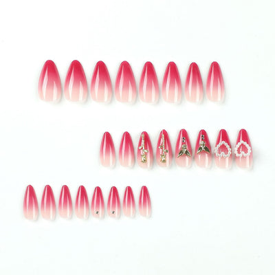 24PC Almond Glossy Press-On Nails - Medium Length, 3D Designs-Free Shipping