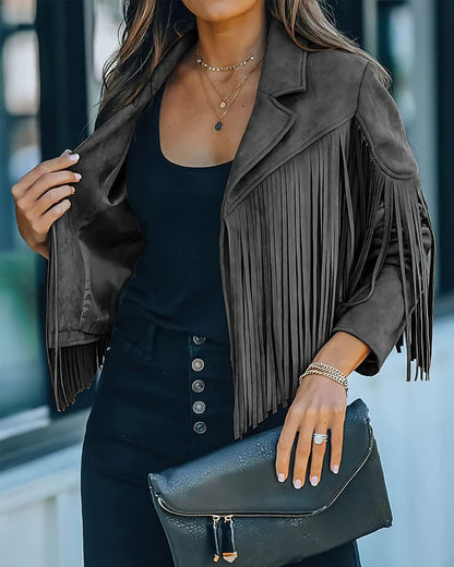 Trendy White Women’s Leather Boyfriend Cropped Jacket with Tassels Edgy and Trendy-Free Shipping