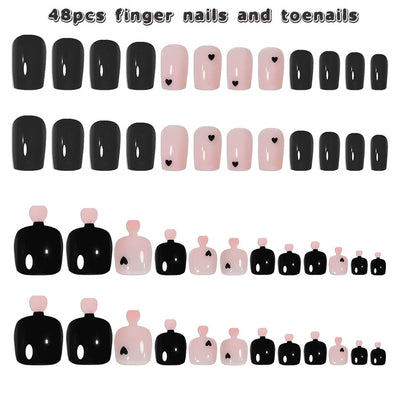 Stylish Black Pink Hearts Press-On Nail Set for Fingers and Toes, Shimmer and Glossy Finish-Free Shipping