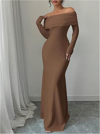 Sophisticated Off-Shoulder Long Sleeve Open-Back Bodycon Mermaid Dress-Free Shipping