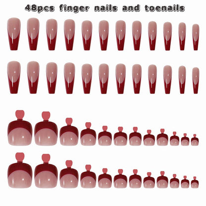 Chic Red French Press-On Nail Set for Fingers and Toes, Shimmer and Glossy Finish-Free Shipping