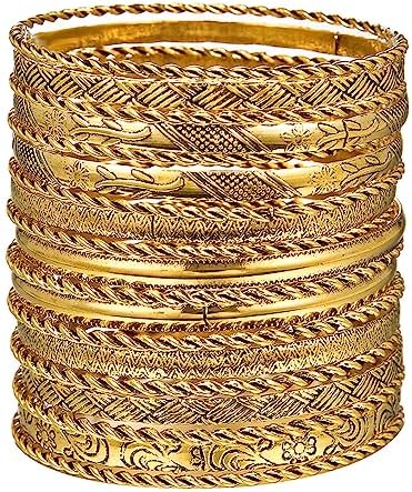 Gold and Silver Bangle Bracelet Sets - Multi-Layer Stackable Textured Bangles