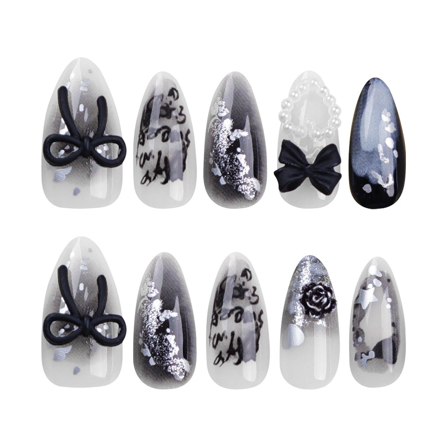 24PC Almond Glossy Press-On Nails - Medium Length, 3D Designs-Free Shipping