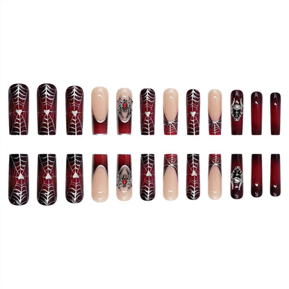 Red Spider Ghost Flower Press On Fake Nails, Long Square Acrylic Press-Ons, 24Pcs Set-Free Shipping