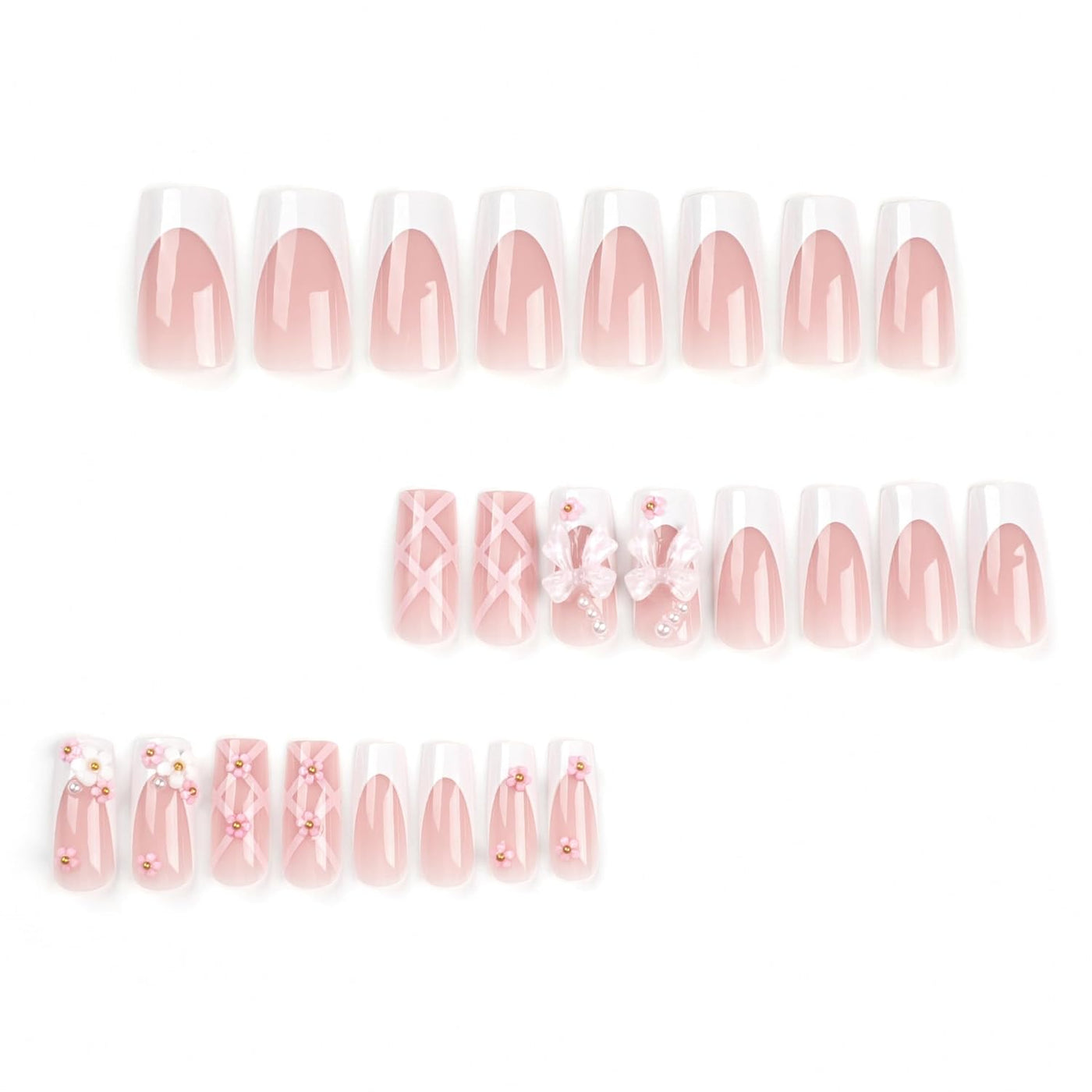 Press On Medium Long Square Nails - Rhinestone Pink Bling 3D Flower 24Pcs Reusable Nail Kit-Free Shipping