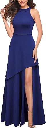Chic Halter Hi-Lo Slit Fit and Flare Maxi Dress-Free Shipping
