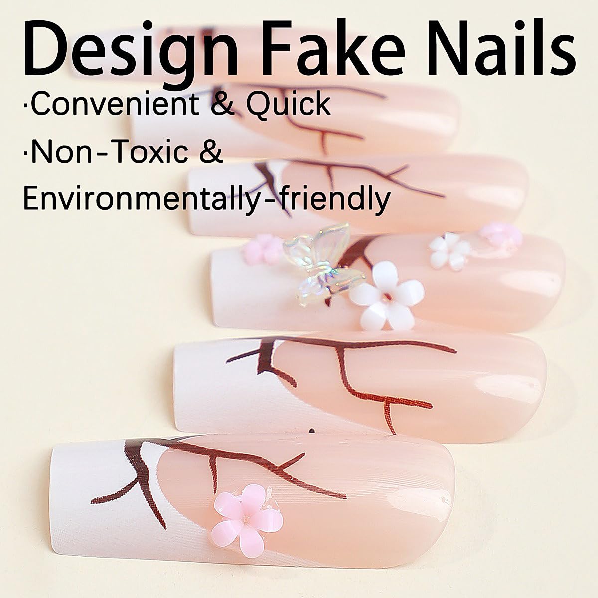 Elegant Long Square Press On Nails with 3D Flower and Butterfly Design - Glossy French Tip-Free Shipping