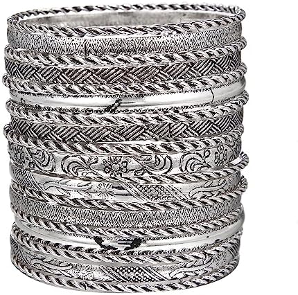 Gold and Silver Bangle Bracelet Sets - Multi-Layer Stackable Textured Bangles