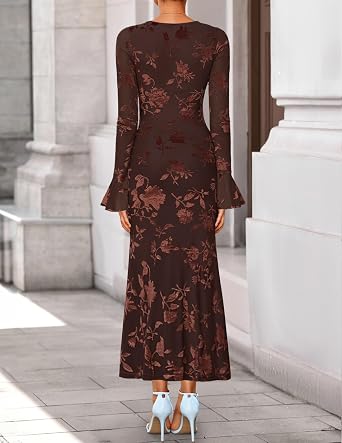 Timeless Floral Print Long Bell Sleeve Bodycon Maxi Dress-Free Shipping