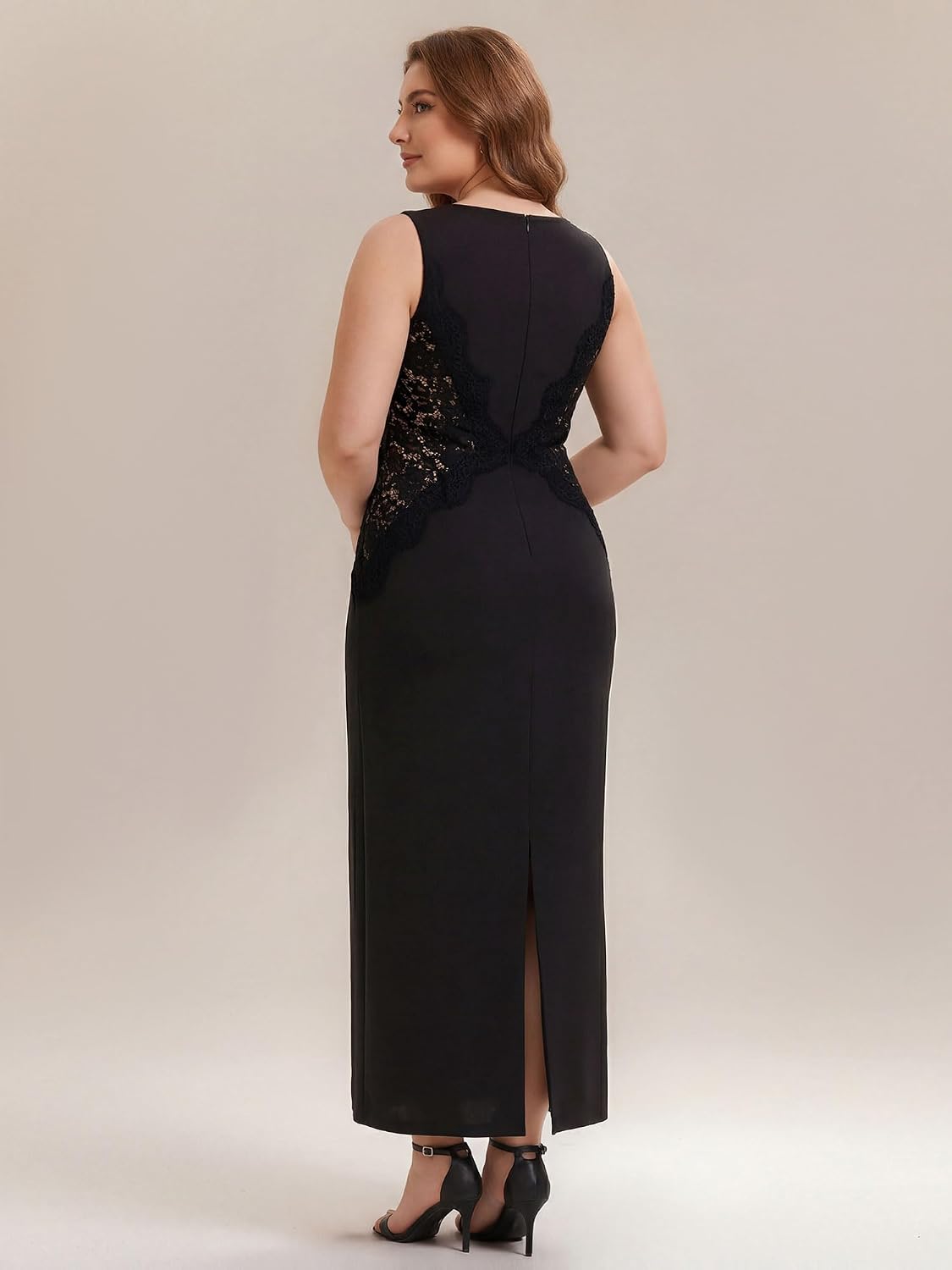 Elegant Plus Size Round Neck Sleeveless Colorblock Lace Maxi Dress, Black back
