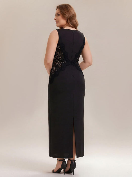 Elegant Plus Size Round Neck Sleeveless Colorblock Lace Maxi Dress, Black back