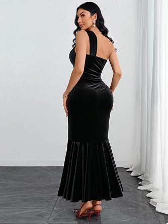Stylish Black One-Shoulder Bodycon Long Slit Ruffle Maxi Dress-Free Shipping