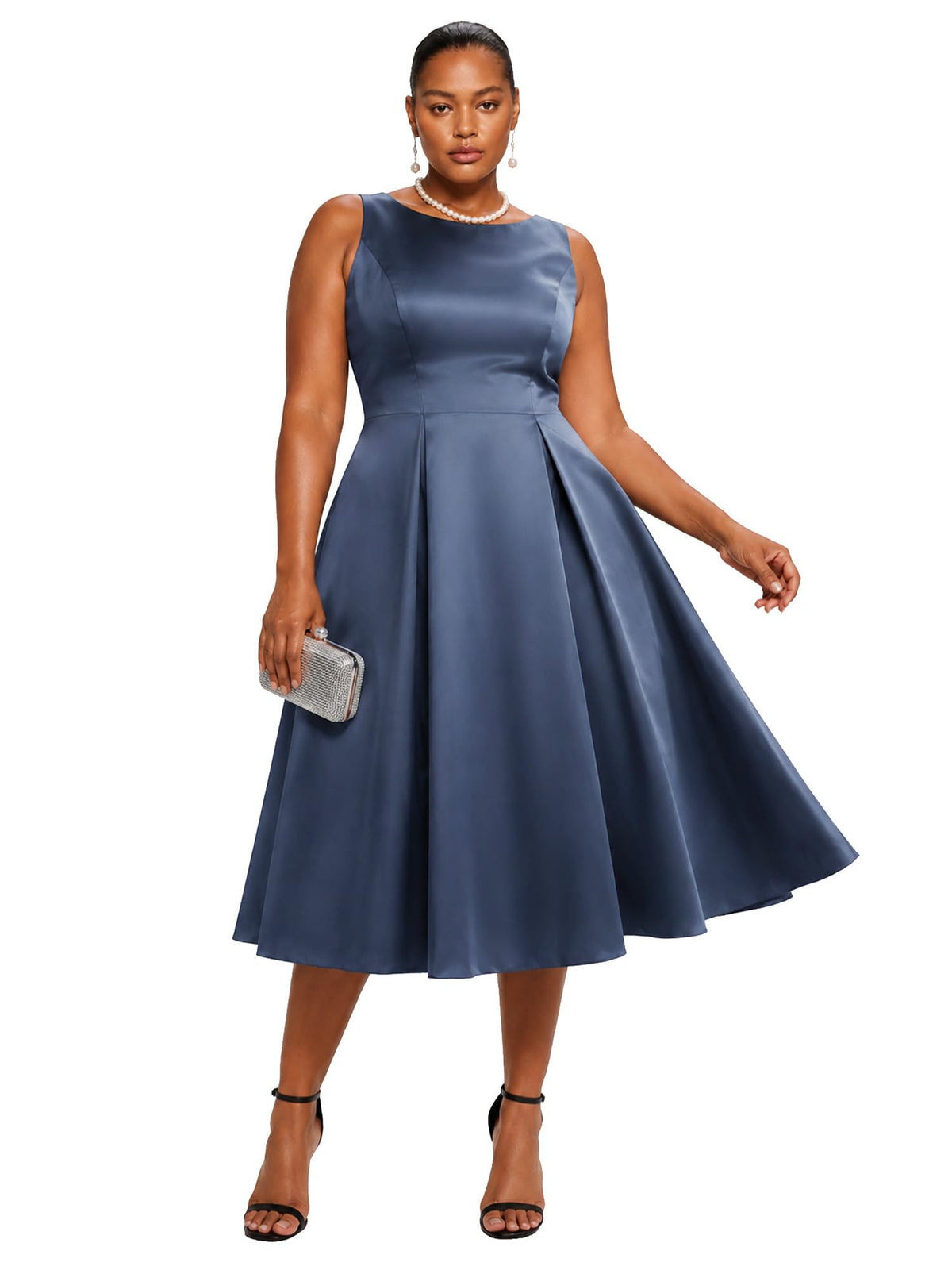 Elegant Plus Size Satin Sleeveless Fit and Flare Midi Dress, Dusty Blue front