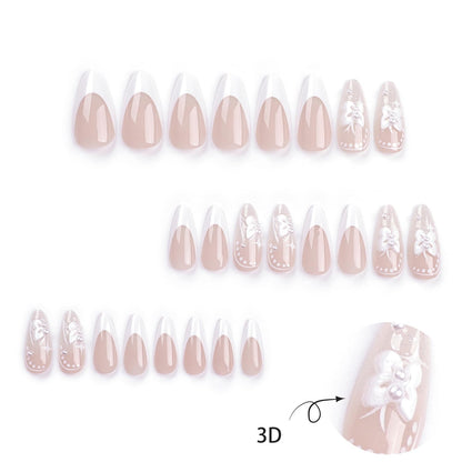 24PC Almond Glossy Press-On Nails - Medium Length, 3D Designs-Free Shipping