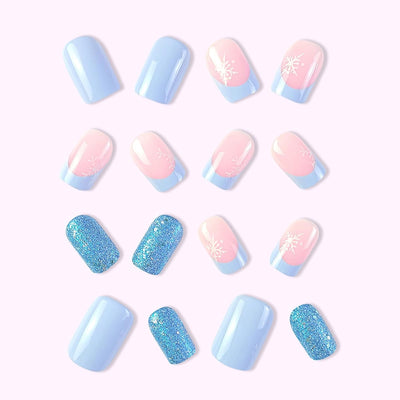 Christmas Blue Pink Flakes Design Press-On Nails Short Square Acrylic Set 24pcs Stick-On Manicure-Free Shipping