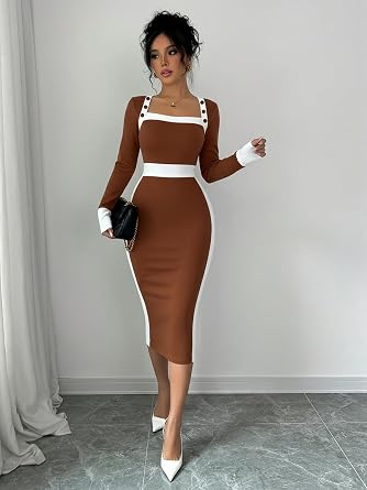 Glamorous White Trim Long Sleeve Bodycon Midi Dress-Free Shipping