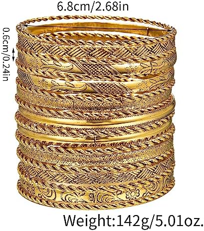 Gold and Silver Bangle Bracelet Sets - Multi-Layer Stackable Textured Bangles