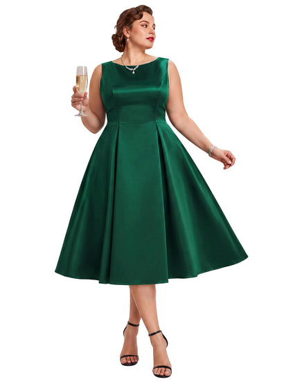 Elegant Plus Size Satin Sleeveless Fit and Flare Midi Dress, Dark Green front
