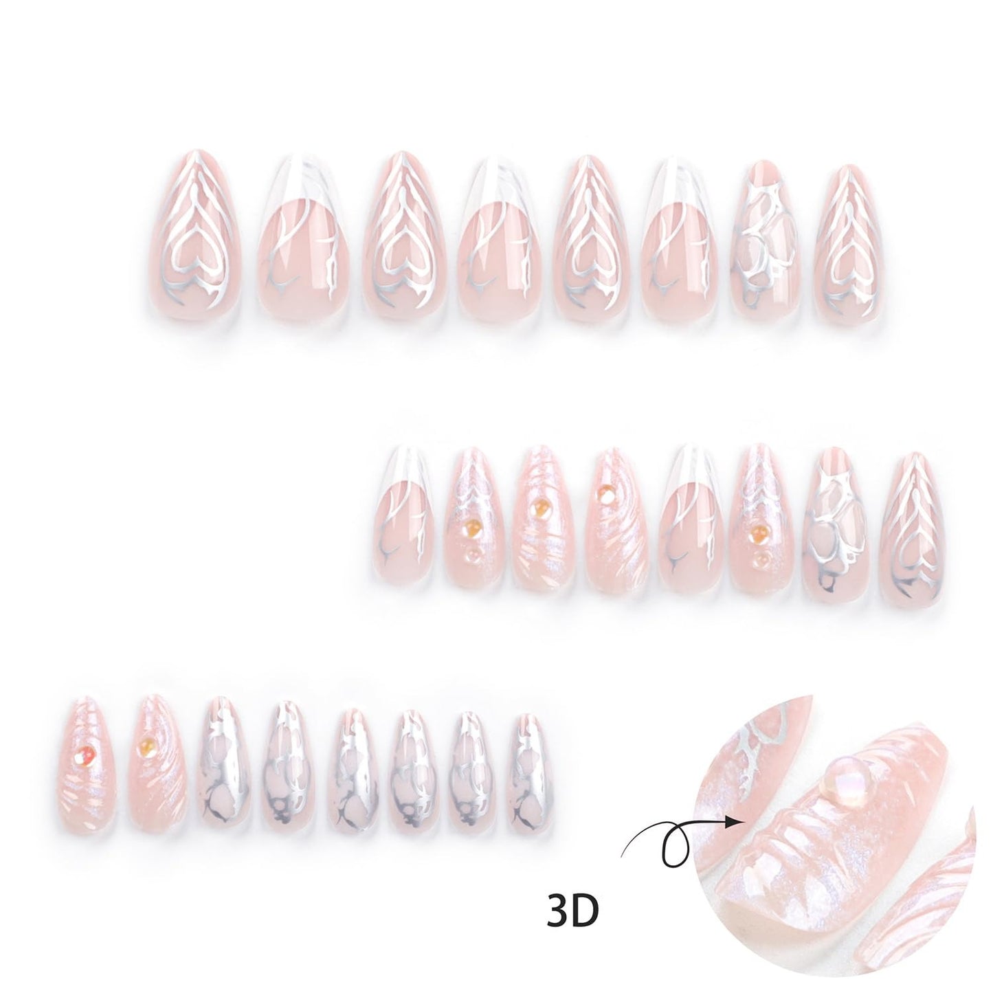 24PC Almond Glossy Press-On Nails - Medium Length, 3D Designs-Free Shipping