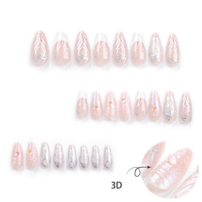 24PC Almond Glossy Press-On Nails - Medium Length, 3D Designs-Free Shipping