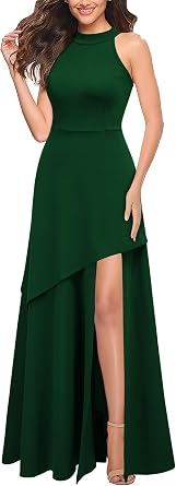 Chic Halter Hi-Lo Slit Fit and Flare Maxi Dress-Free Shipping