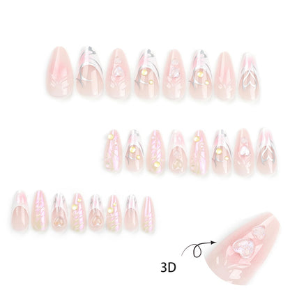 24PC Almond Glossy Press-On Nails - Medium Length, 3D Designs-Free Shipping