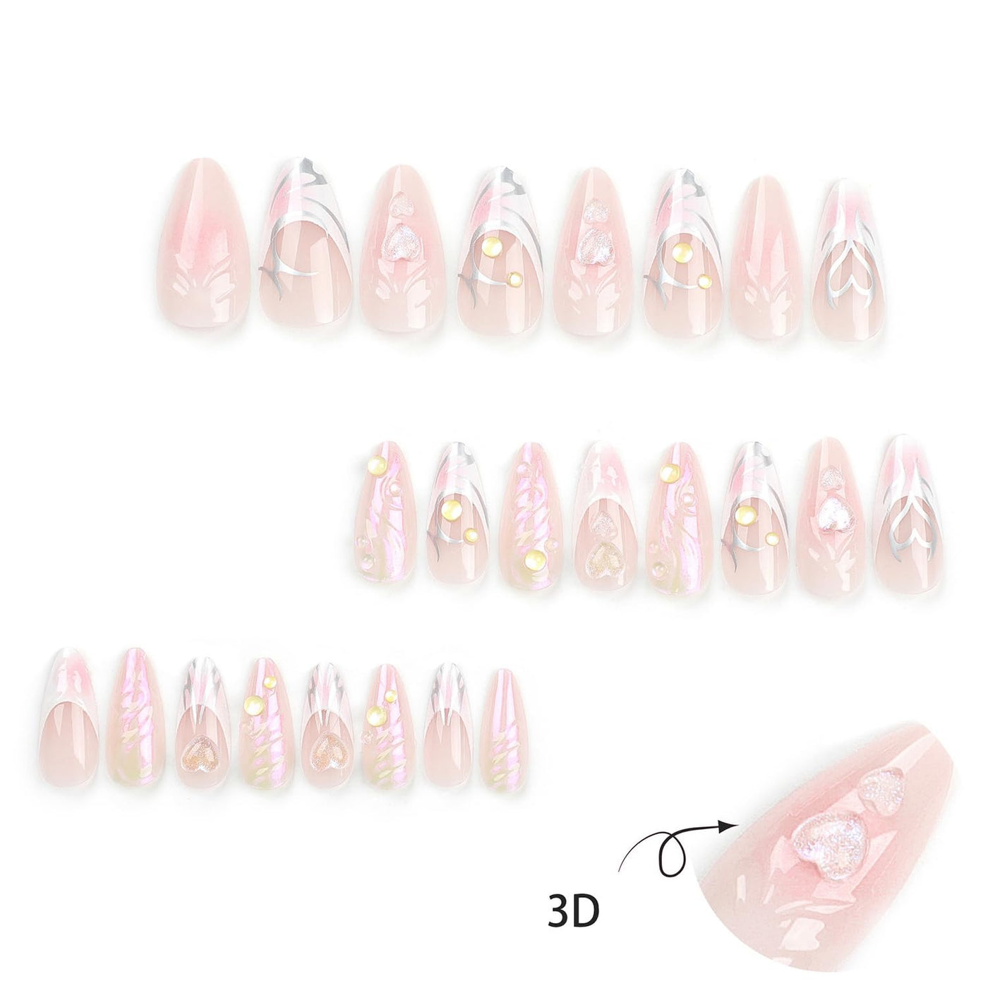 24PC Almond Glossy Press-On Nails - Medium Length, 3D Designs-Free Shipping