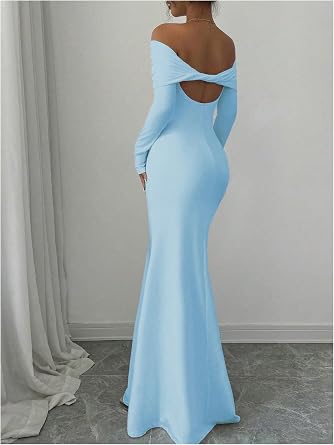Sophisticated Off-Shoulder Long Sleeve Open-Back Bodycon Mermaid Dress-Free Shipping
