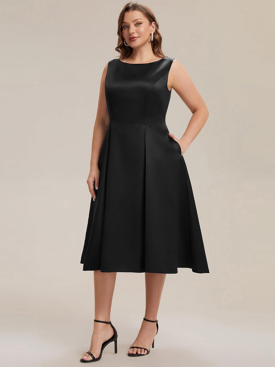 Elegant Plus Size Satin Sleeveless Fit and Flare Midi Dress, Black front alternate
