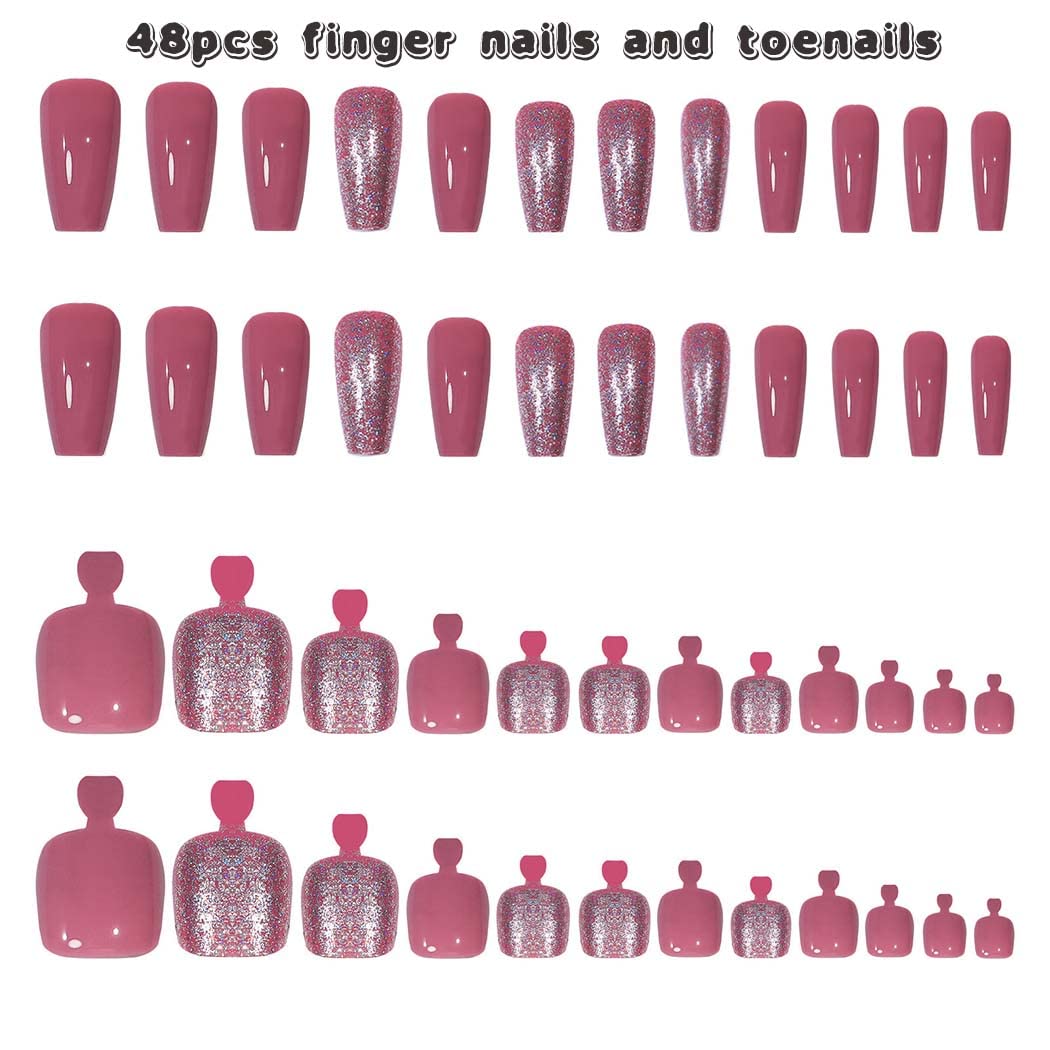 Stylish Pink Press-On Nail Set for Fingers and Toes, Shimmer and Glossy Finish-Free Shipping