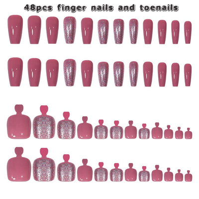 Stylish Pink Press-On Nail Set for Fingers and Toes, Shimmer and Glossy Finish-Free Shipping