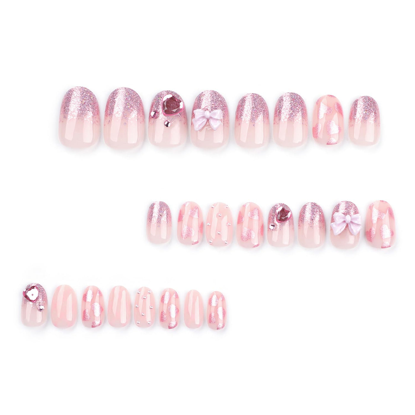 24PC Almond Glossy Press-On Nails - Medium Length, 3D Designs-Free Shipping