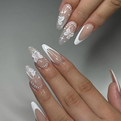 24PC Almond Glossy Press-On Nails - Medium Length, 3D Designs-Free Shipping