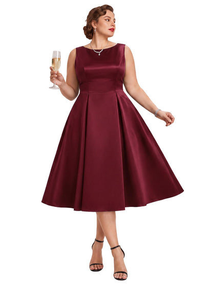 Elegant Plus Size Satin Sleeveless Fit and Flare Midi Dress, Burgundy front