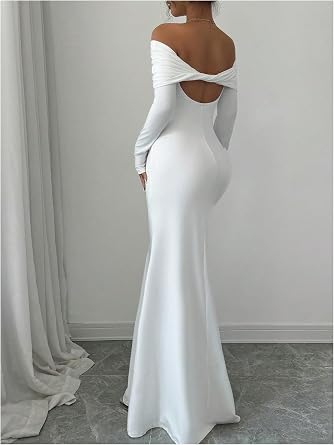 Refined Off-Shoulder Long Sleeve Open-Back Bodycon Mermaid Dress-Free Shipping