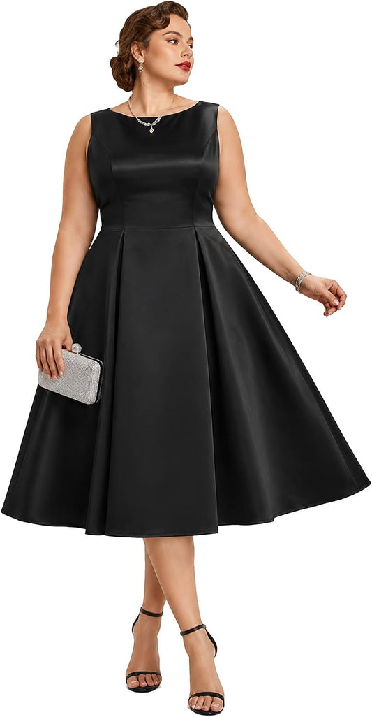 Elegant Plus Size Satin Sleeveless Fit and Flare Midi Dress, Black front