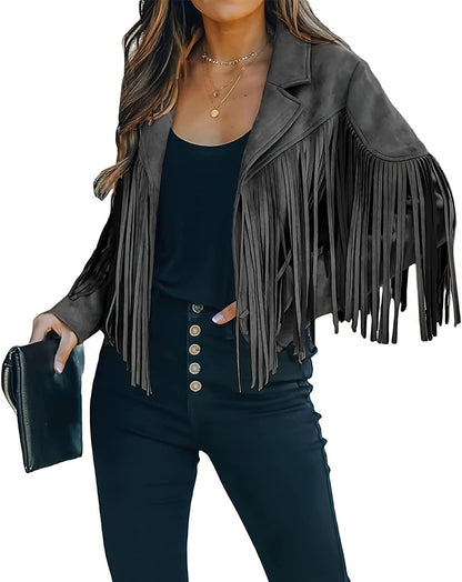 Trendy White Women’s Leather Boyfriend Cropped Jacket with Tassels Edgy and Trendy-Free Shipping