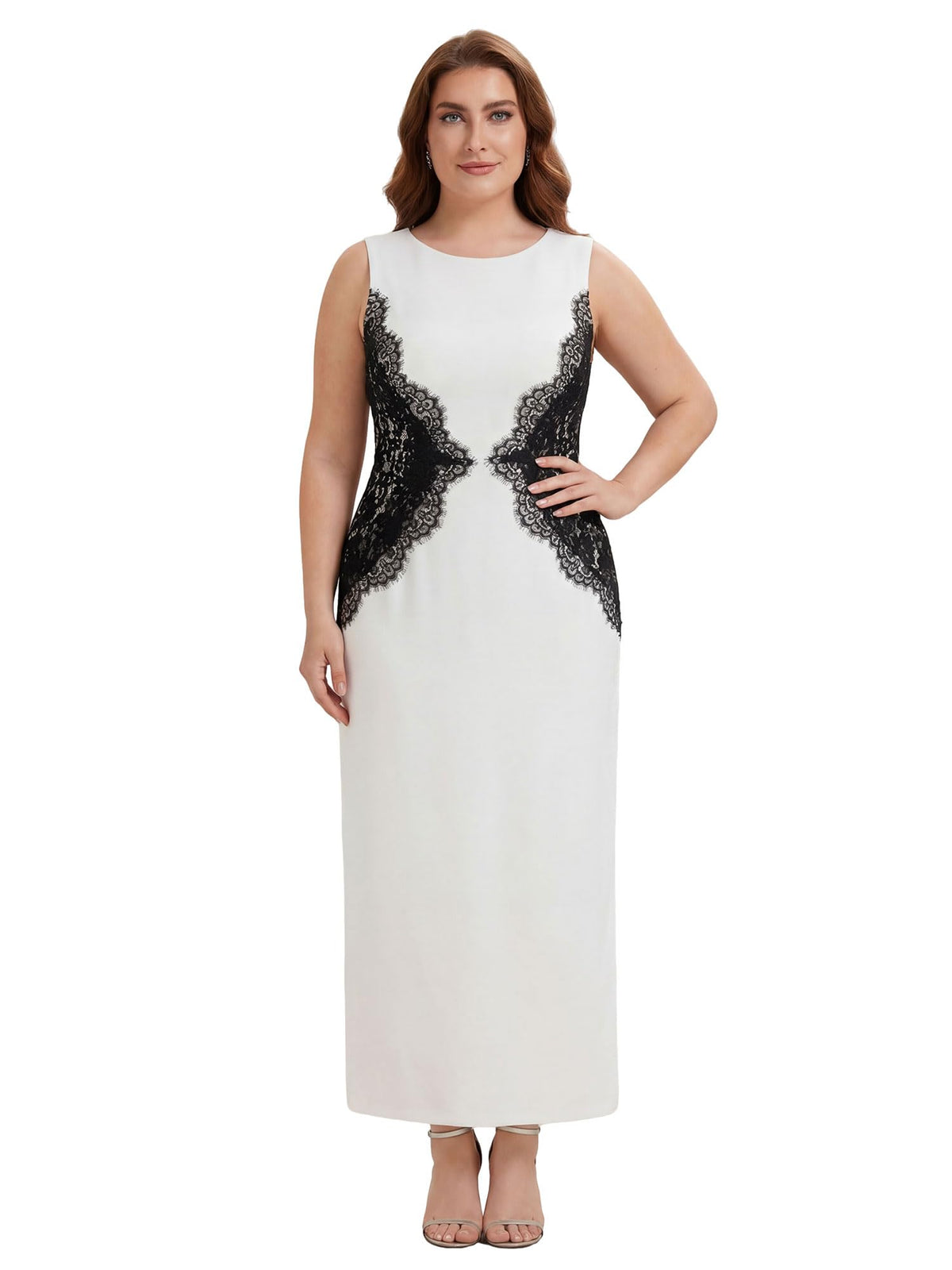 Elegant Plus Size Round Neck Sleeveless Colorblock Lace Maxi Dress, Ivory and Black front