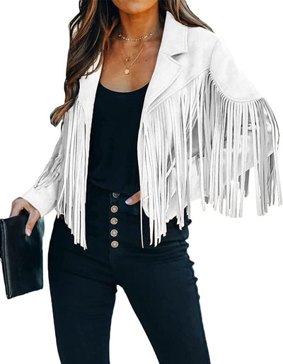 white leather cropped jacket with tassels