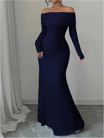 Refined Off-Shoulder Long Sleeve Open-Back Bodycon Mermaid Dress-Free Shipping
